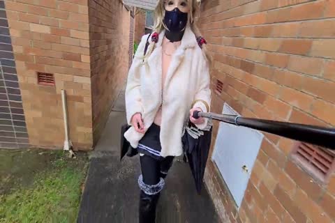 Exhibitionist hoe Flashing In A Fur Coat By A Busy Road