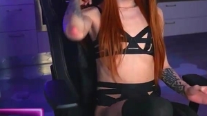 Redhead Skinny Russian Tattooed tgirl In Glasses Strokes Her Girly wang On web camera