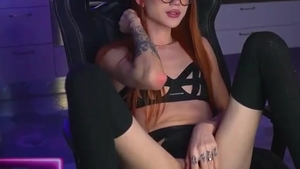 Redhead Skinny Russian Tattooed tgirl In Glasses Strokes Her Girly wang On web camera