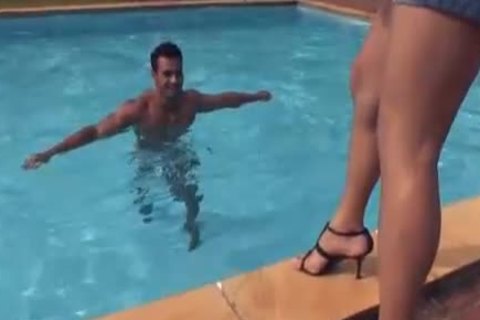 Hunk Rides blonde trannys penis Poolside