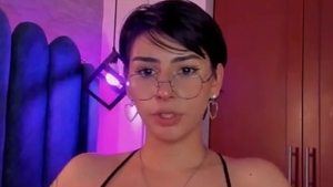 Short Haired teen latin chick Tattooed ladyboy In Glasses And lingerie Masturbates With A vibrator